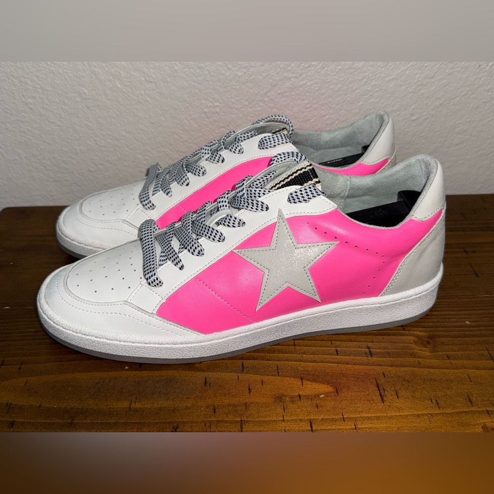 Shu Shop Pink Star Sneakers White Leather Low Top Euro Y2K Street- Size 10 - Picture 4 of 7